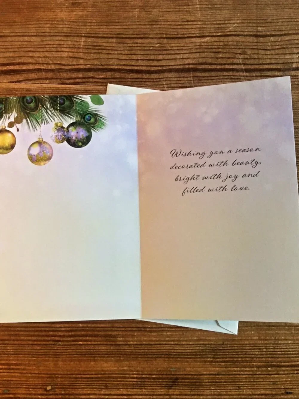 Set of 6 Vintage Merry Christmas Cards Envelopes Peacock Feather Wreath Unused